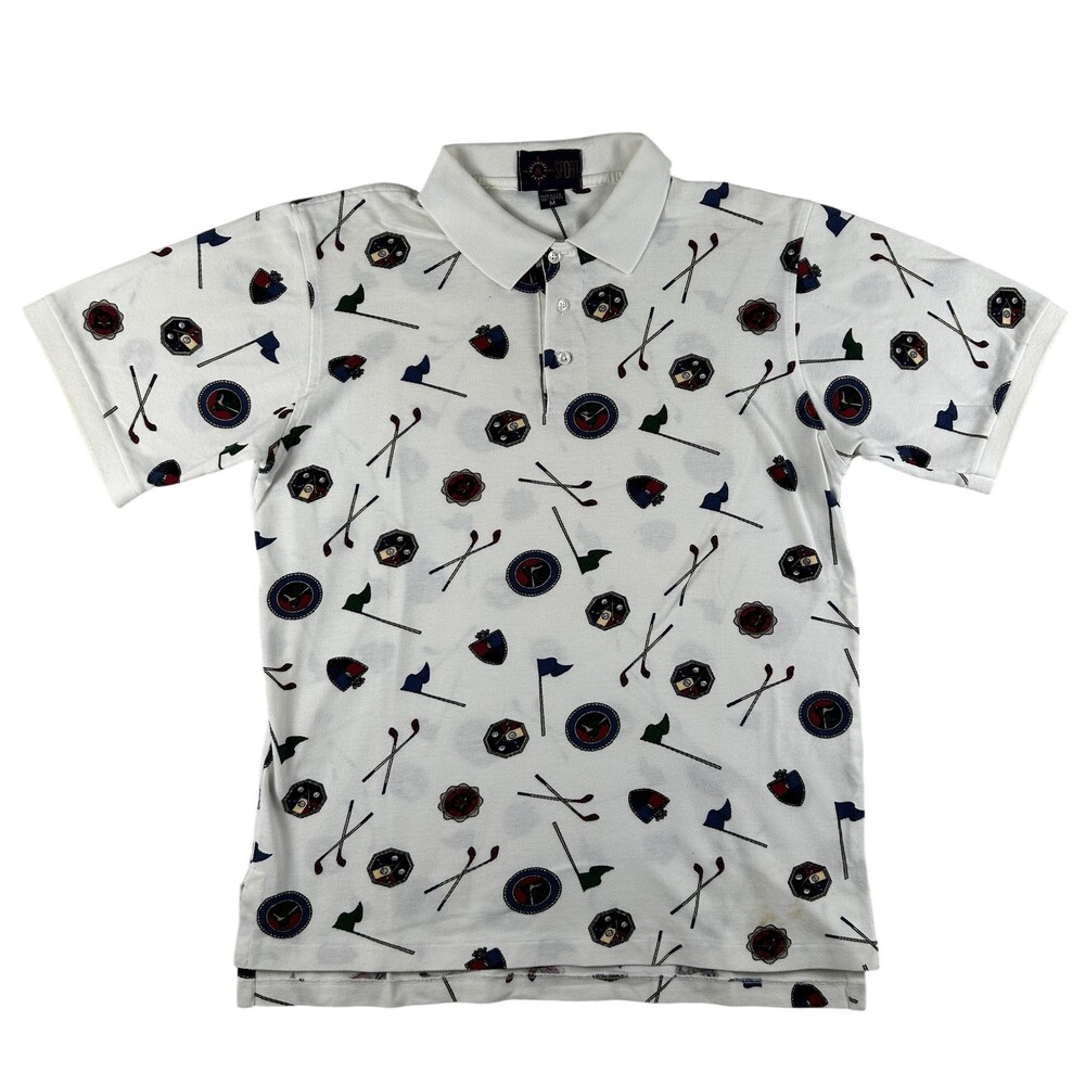 Vintage Roundtree & Yorke Polo Shirt Mens Medium White Golf Graphic AOP USA 90s